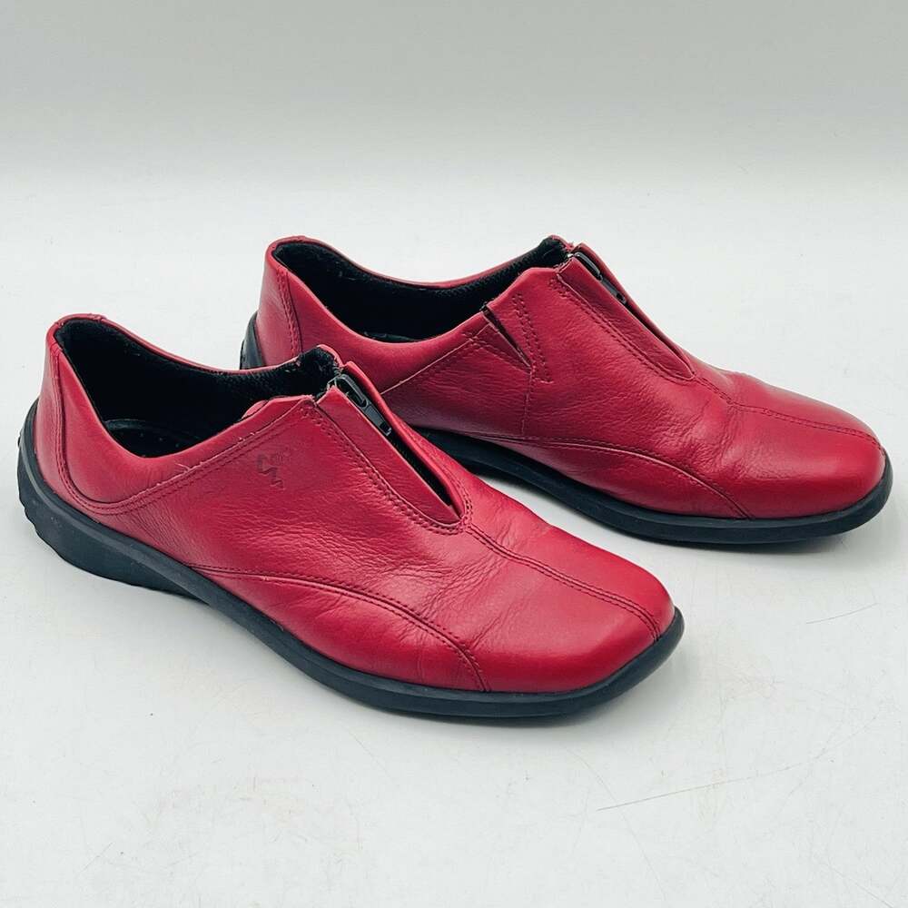 ECCO Slip-On Loafers Zip Front Shoes RED SOFT LEATHER Latex Soles, Size 6